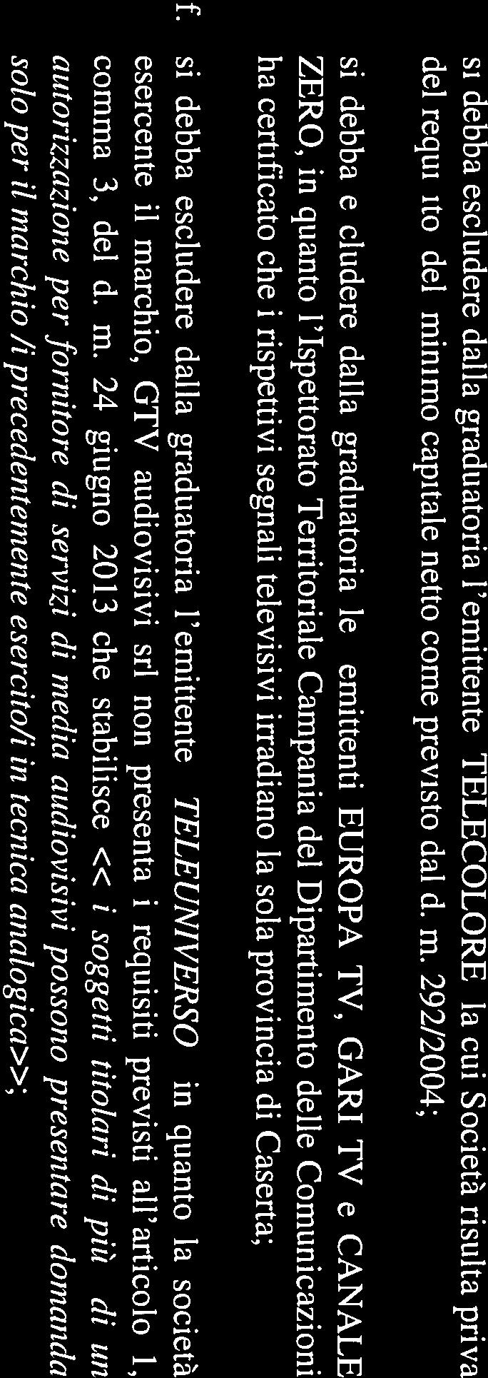 si debba escludere dalla graduatoria le emittenti EUROPA TV, GARI TV e CANALE ZERO, in quanto l Ispettorato Territoriale Campania del Dipartimento delle Comunicazioni ha