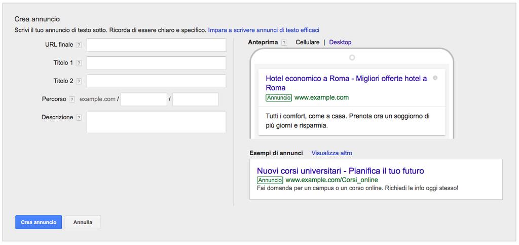 4. Scrivere: anatomia di un annuncio URL Landing page Massimo 30 caratteri