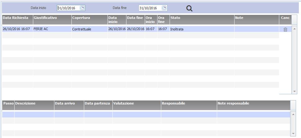 6. Richieste effettuate Portale MyAliseo Accedendo dal menù Richieste giustificativi effettuate si visualizzano tutte le richieste effettuate nel periodo selezionato: la data richiesta si riferisce