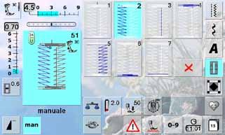 programmazioni standard, fisse ogni singola fase può essere selezionata direttamente sul display fase «1» è attivata la machina inizia a cucire, fase «2» è attivata cucire il primo cordoncino fermare