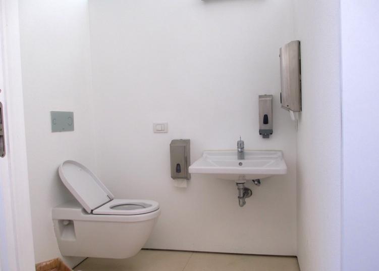 I servizi igienici comuni fruibili agli ospiti in sedia a ruote hanno la porta larga 95 cm, il lavabo ha rubinetto a leva e spazio