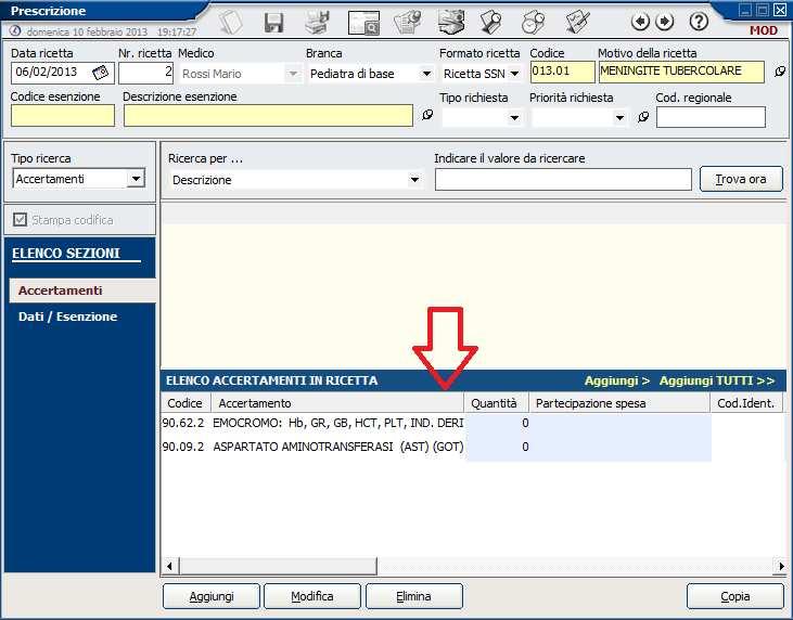RICETTA ACCERTAMENTI RIQUADRO ELENCO ACCERTAMENTI IN RICETTA E stato ampliato il riquadro contenente gli