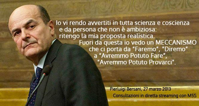 Bersani conferma le dimissioni La Direzione approva l'ordine del giorno con il mandato al vicesegretario e ai capigruppo per le consultazioni Confermo qui le mie dimissioni, che saranno portate