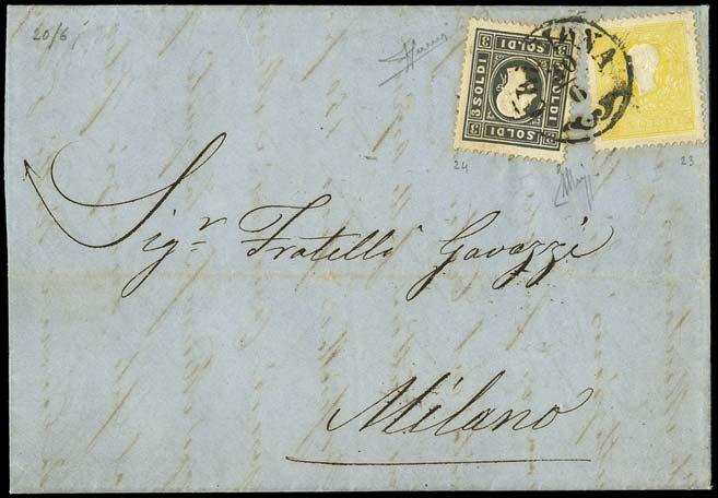 500 Governo Provvisorio 4746) A1-2s giallo e A2-3s nero da "CREMONA 20/6" 1859 a