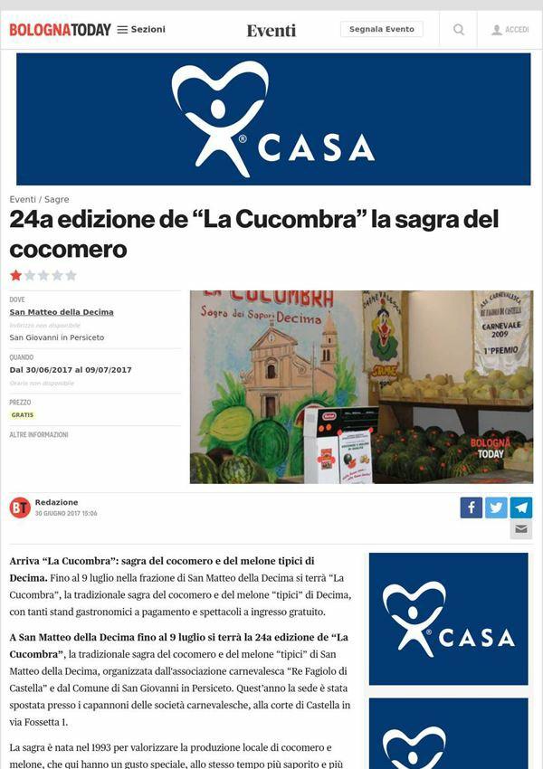 30 giugno 2017 Bologna Today Cultura e turismo 24a edizione de "La Cucombra" la sagra del cocomero Arriva "La Cucombra": sagra del cocomero e del melone tipici di Decima.