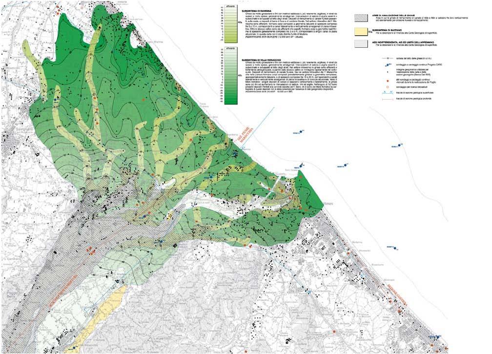 Figura 3: mappa della conoide alluvionale del Fiume Marecchia; da Allegato Geologia di sottosuolo alla Carta Geologica d Italia alla scala 1:50.000, foglio 256 Rimini (APAT, 2005).