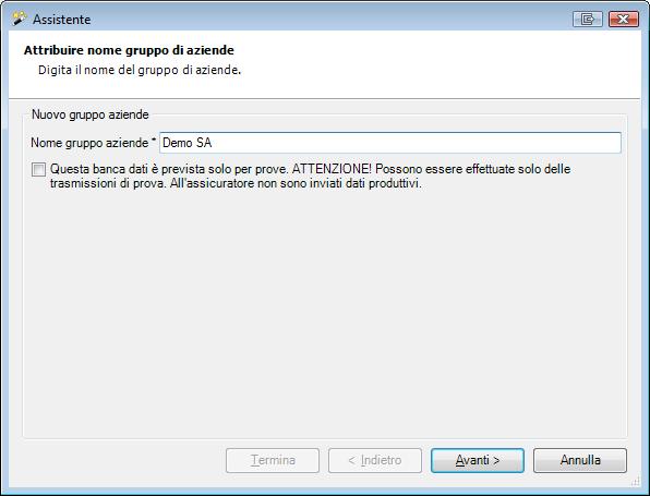 In via opzionale la banca dati può essere creata a scopo di test.