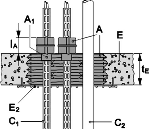 150mm) 1) (l A = 300mm) + Sigillante acrilico antifuoco Hilti CFS-S ACR (A 1) Tutti i tipi di cavi rivestiti attualmente e comunemente utilizzati nella pratica edilizia in Europa (ad es.