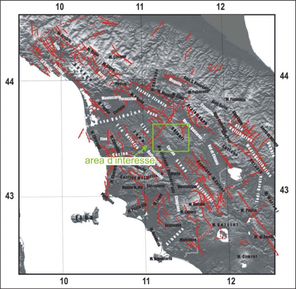 L area in esame, caratterizzata geologicamente dalla presenza dei bacini interni del Chianti e della Val di Pesa, è interessata dalla presenza di lineamenti tettonici, come visibile in figura 3