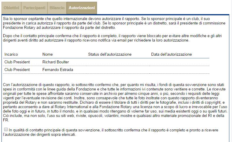 Dopo aver completato il rapporto (con l inclusione delle sezioni sul borsista e caposquadra della squadra di formazione professionale - VTT, se pertinente), si può passare al tab Autorizzazioni.