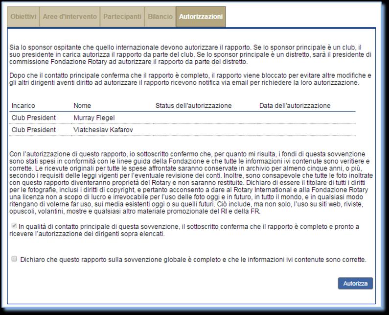 Cliccare Apri nella sezione Progressi o Rapporto finale. Sul tab Autorizzazioni, spuntare la casella evidenziata qui di seguito, indicando che il rapporto è completato e accurato.