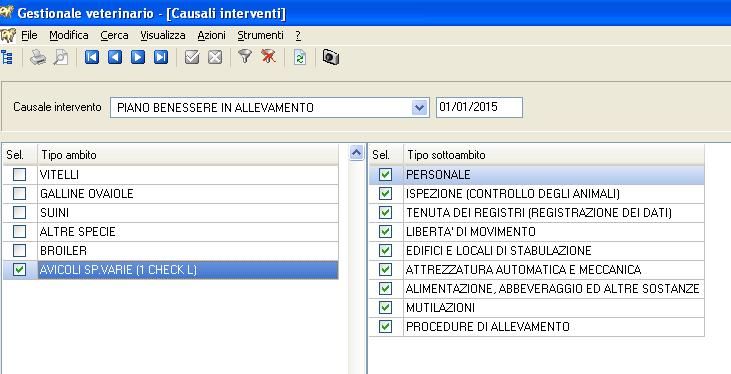 Sezione Causali d intervento ambiti applicabili al piano benessere Gli ambiti del piano benessere in allevamento rispecchiano le singole check list utilizzabili per il controllo.