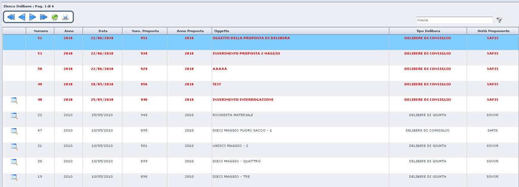 La pagina nel suo insieme si presenta in questo modo: Sono presenti tre diversi stati per le delibere presenti in questa pagina: dati dell atto in rosso, nessuna icona del testo ( ) nella prima
