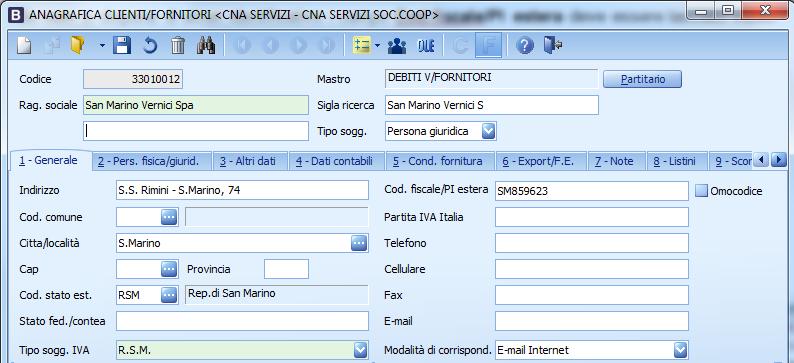 1.4 Clienti/Fornitori RSM Nel caso di cliente/fornitore di S.Marino, dovrà essere compilato il Codice Stato estero, il campo Tipo Sogg.Iva dovrà essere impostato R.S.M. e la partita Iva estera, dovrà essere indicata nel campo Cod.
