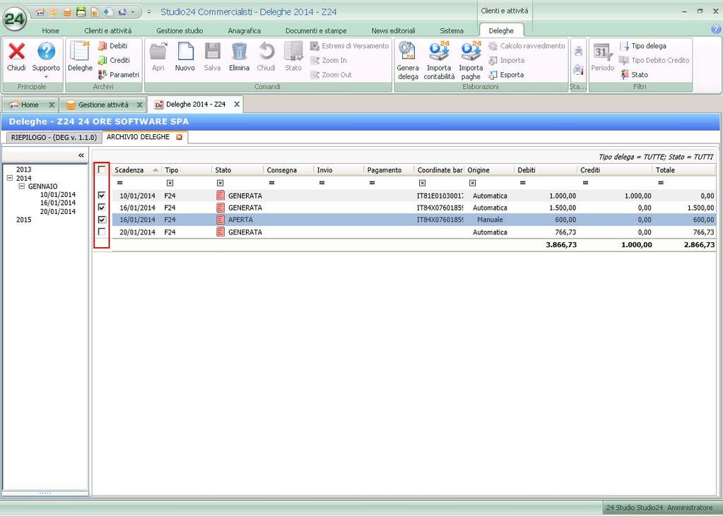 Per ogni delega vengono visualizzati lo stato iniziale (In fase di creazione lo stato di ogni delega viene posto a Aperta per le deleghe inserite manualmente, o a Generata per le deleghe create con