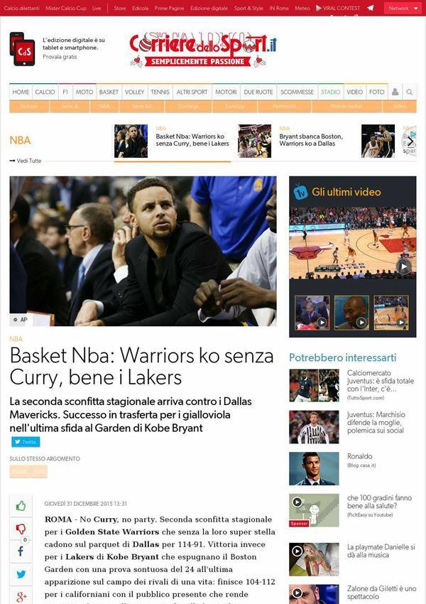 corrieredellosport.it Basket Nba: Warriors ko senza Curry, bene i Lakers ROMA No Curry, no party.