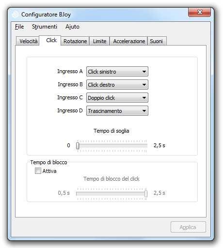 Funzioni di CLICK Per impostare le funzioni associate ai 4 bottoni di BJoy fate click sulla linguetta CLICK.