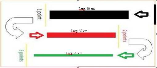 Prova di abilità a punteggio Modalità esecutive Passaggio su tavole Posizionare, parallelamente, 3 tavole di legno lunghe 5 metri con larghezze rispettivamente di: 40, 30 e 20 centimetri.