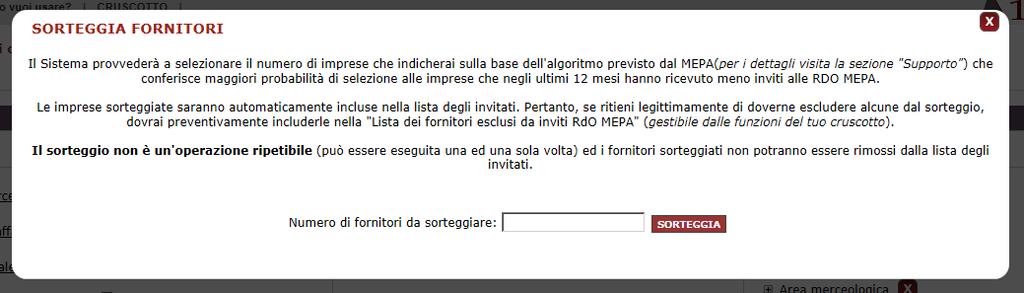 Puoi effettuare la funzionalità Sorteggia dopo aver applicato i filtri disponibili sulle imprese attive oppure direttamente sul numero complessivo delle imprese abilitate alla Categoria del Bando