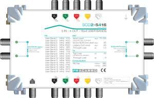 SCD2-5416 Multiswitch SCD2 (dcss) con 4 ingressi SAT (VL, HL, VH e HH), un ingresso TV con filtro LTE e 4 uscite che possono essere di tipo Legacy tradizionali, SCR con 4 frequenze o SCD2 (dcss) con