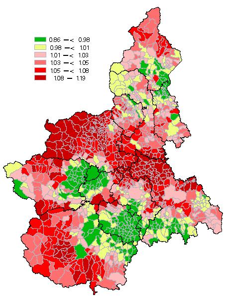Figura 4a: Distribuzione degli SMR in Piemonte negli anni 2011-2013 per alcune cause di morte UOMINI