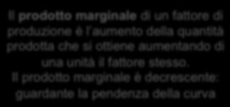 realizzarlo (impianti + addetti) 0 0 0 30 0 30 1 50 50 30 10 40 2 90 40 30 20 50 Il prodotto marginale di un fattore di produzione è l aumento della quantità