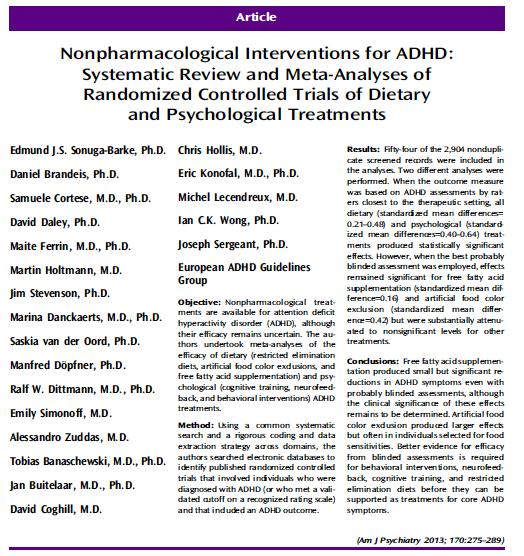 Inclusion criteria Age 3-18 Diagnosis ADHD ( any subtype) Symptom measured by validated rating Scale Appropriate control group Stable medication allowed (sensitivity analysis) Rare comorbidity (i.e. Fragile X) excluded Outcome measure : ADHD symptoms scale Most proximal assessment Probably blinding assessment Study quality independently assessed (Jadad et al.