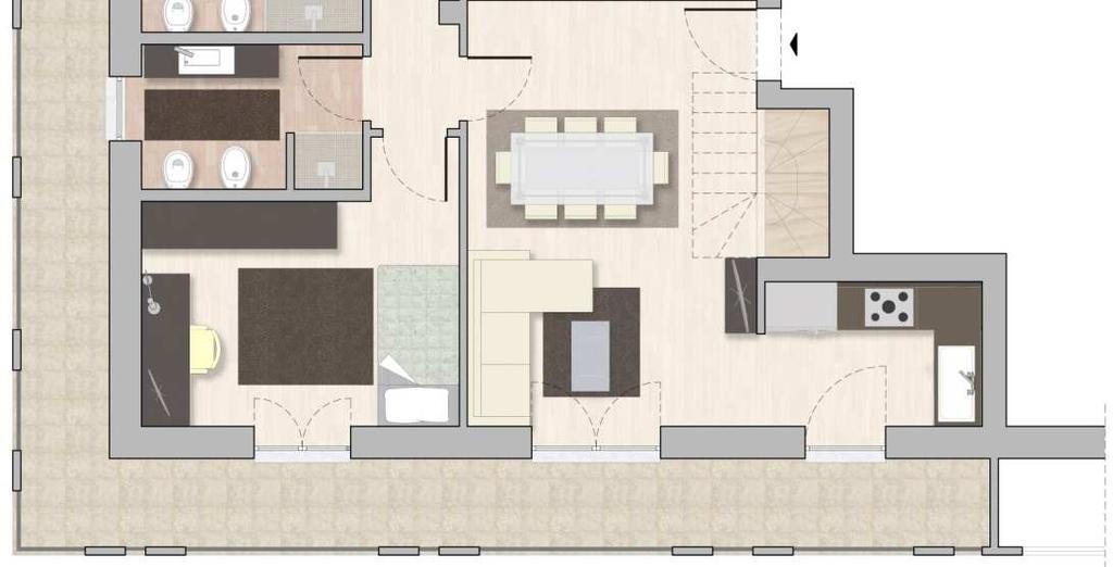 3. Tipologie abitative CINQUELOCALE + SOFFITTA Disponibilità al 4 e ultimo piano Soggiorno con cucina a vista, tre camere da letto e doppi servizi (piano abitabile); open space con travi a vista e