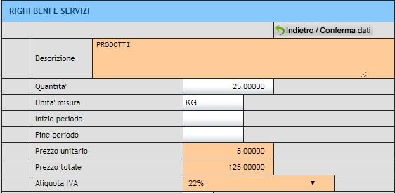 In caso di altri servizi/beni presenti in fattura è necessario inserire una riga per ciascuna voce Clicca per inserire un rigo di fattura; Compila la sezione come indicato sopra, inserendo la