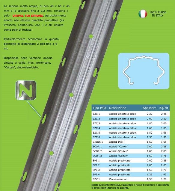 Veoma širok presjek, od čak 46 x 65 x 46 mm i debljina do 2,2, mm, čine da su stubovi CRIPAL 150 STRONG naročito pogodni za velike proizvodne količine (npr. Prosecco, Lambrusco, itd.