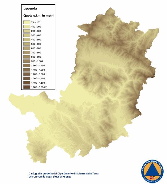 QUOTE: - massima 1654 m s.l.m. Monte Falterona - minima 8 m s.l.m. - media 370 m s.l.m. Circa il 98% del territorio ha quote inferiori a 1000 m.