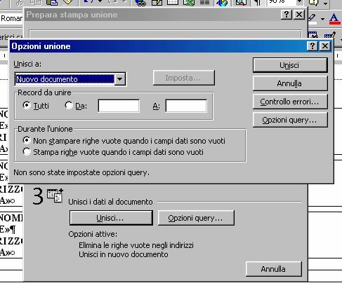 La Stampa Unione in Word 2000 a) Utilizzare il pulsante Inserisci campo Unione per predisporre i campi variabili che il programma Word preleverà dalla tabella o dal database associato.