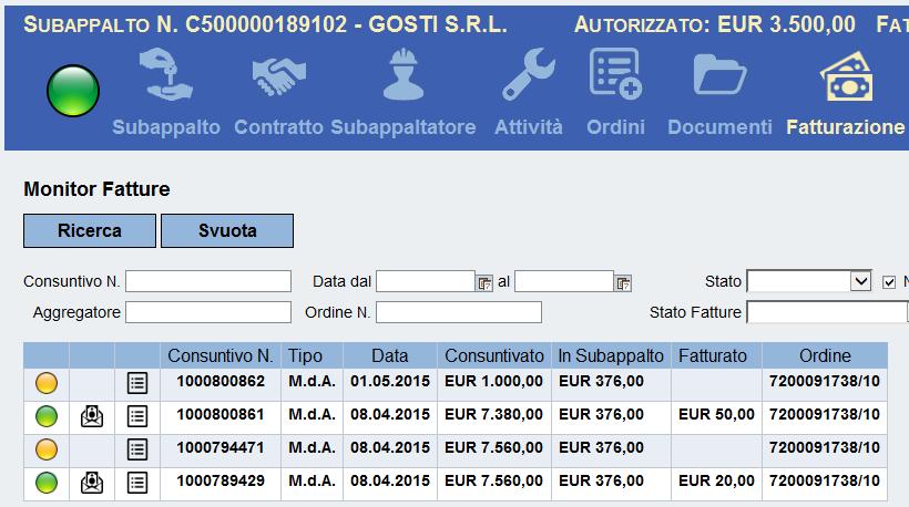 Monitoraggio subappalti Selezionando la pagina «Fatturazione» è possibile