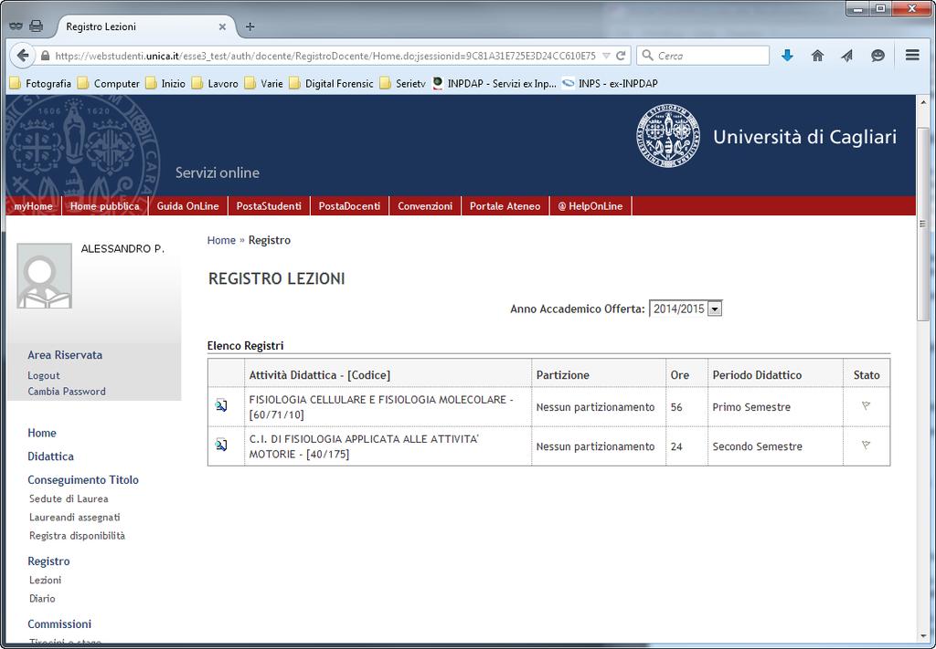 Per ciascun attività didattica è presente il nome e il codice relativo, la presenza o meno del partizionamento di studenti, il numero di ore previste, il periodo dell anno accademico in cui è