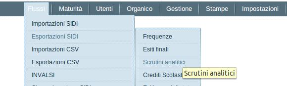 2. Esportazione dati Per esportare i dati del flusso scrutini analitici, bisogna andare nel menù Flussi Esportazioni SIDI Scrutini