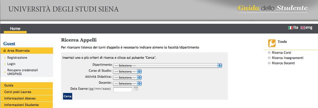 Informazioni su norme, procedimenti, servizi, presenti nella pagina generale dell'università di Siena Fig.