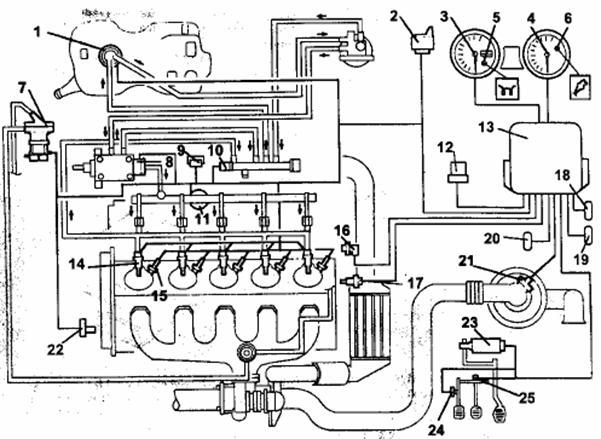 Figura 5 - Schema gestione elettronica motore 1. Elettropompa combustibile ausiliaria 2. Centralina di preriscaldo candelette 3. Tachimetro 4. Contagiri 5. Spia preriscaldo candelette 6.