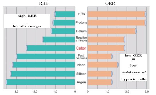 3.4. LET, RBE, OER 3. Radiobiologia Figura 3.7: Confronto tra radiazioni in termini di RBE e OER.