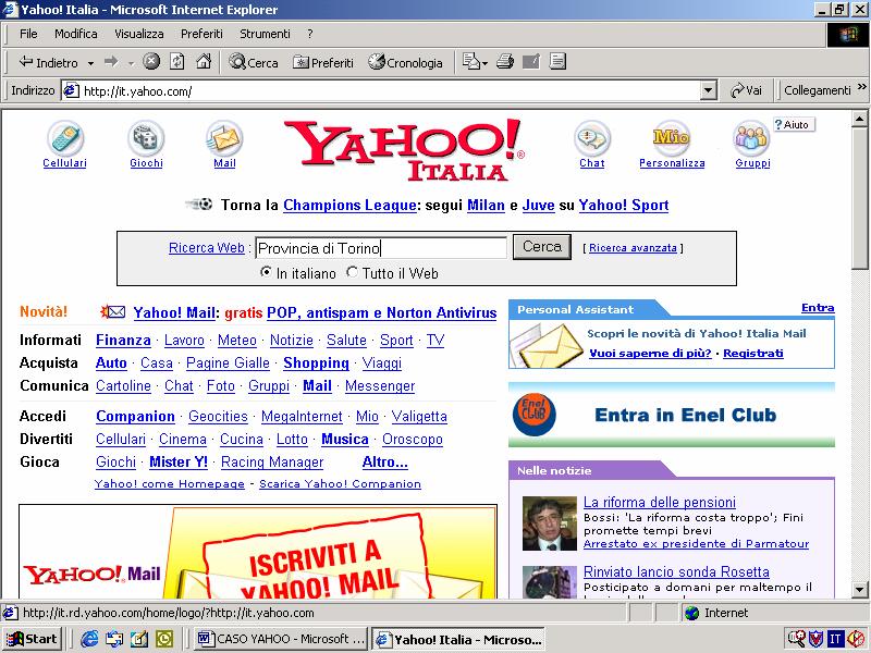 Figura 1.2 L Home Page di YAHOO Italia (la versione italiana di Yahoo.