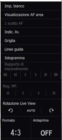 Utilizzo della funzione Live View Modifica delle impostazioni sulla schermata Live View Cliccare su [LV]. Appare la schermata Live View. Cliccare sulla voce che si desidera modificare.