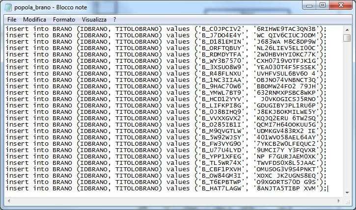 Popolare il DB INSERT INTO ARTISTA(IDARTISTA,COGNOME,NOME,DATA_N DATA_N) SELECT random_artist_code(10), COGNOMIESEMPIO, NOMIESEMPIO, DATEESEMPIO FROM COGNOMI, NOMI, DATE ORDER BY random() LIMIT 500;