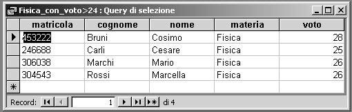 Le query in ACCESS: modulo QBE (Query by Example) Es. 2 - Trovare il nome e cognome degli studenti che hanno superato l esame di Fisica almeno con 25.