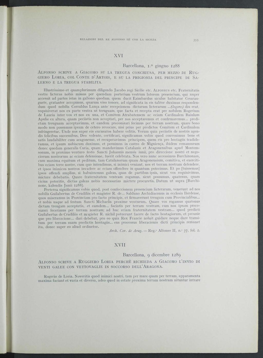 RELAZIONI DEL RE ALFONSO III CON LA SICILIA ;55 X VI Barcellona, 1.