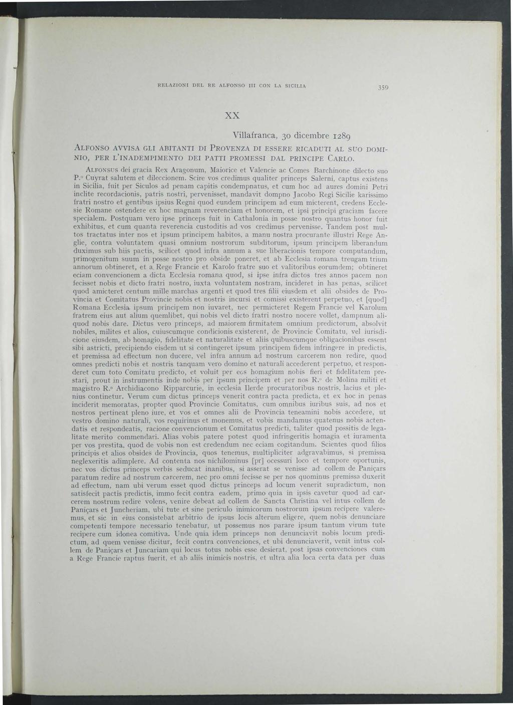 RELAZIONI DEL RE ALFONSO III CON LA SICILIA Villafranca, 30 dicembre 1289.