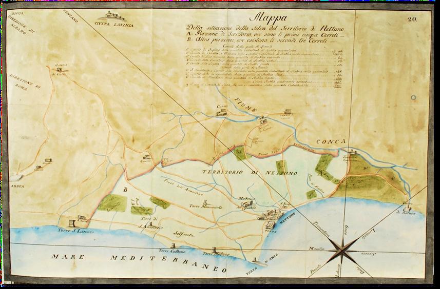 Figura 3. Mappa della situazione della Selva del territorio di Nettuno, Giovanni Gabrielli, 1822, ASR, Congregazione Speciale di Sanità 163/163a, busta 599.