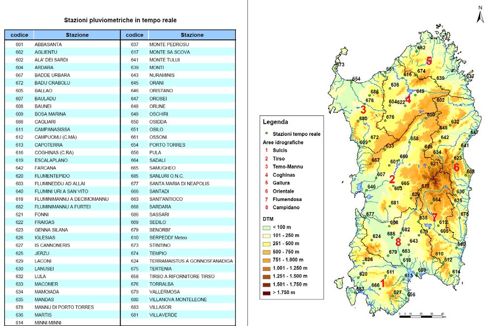 Figura 6-17 Stazioni pluviometriche della Sardegna Un esempio del calcolo dell indice SPI su scala temporale di 1, 3, 6, 9 e 12 mesi e su scala temporale dell anno idrologico, è riportato nelle
