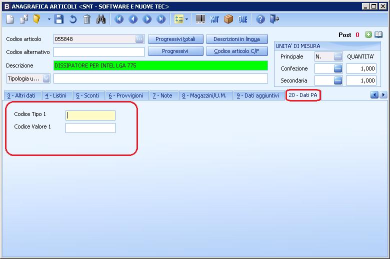Anagrafiche Articoli Menù Principale 1 Tabelle e archivi 2 Anagrafica Articoli 20 DatiPA Codice Tipo 1: Indicare l eventuale Codice Tipo dell articolo Codice Valore