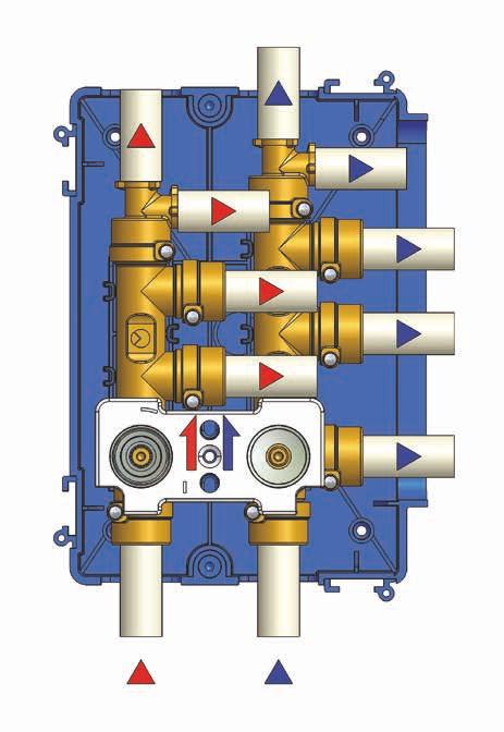 4 1 2 3 4 2 3 Il collettore è predisposto per soddisfare ambienti con tre utenze di acqua calda e quattro di acqua fredda, ma ha la possibilità di aggiungere un utenza in entrambe le linee inserendo