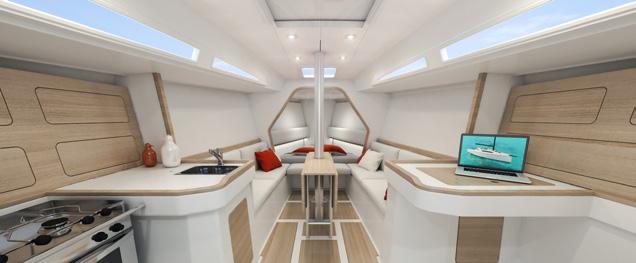 INTERIORS INTERNI The interior layout is divided in two cabins; a large portside aft cabin and an owner cabin in the bow that can be transformed into a sail locker during race.