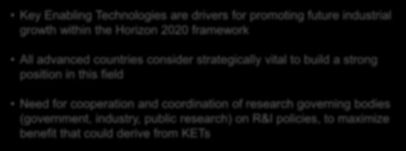 (government, industry, public research) on R&I policies, to maximize benefit that could derive from KETs AIRI promoted (2012) a WG on KETs at national